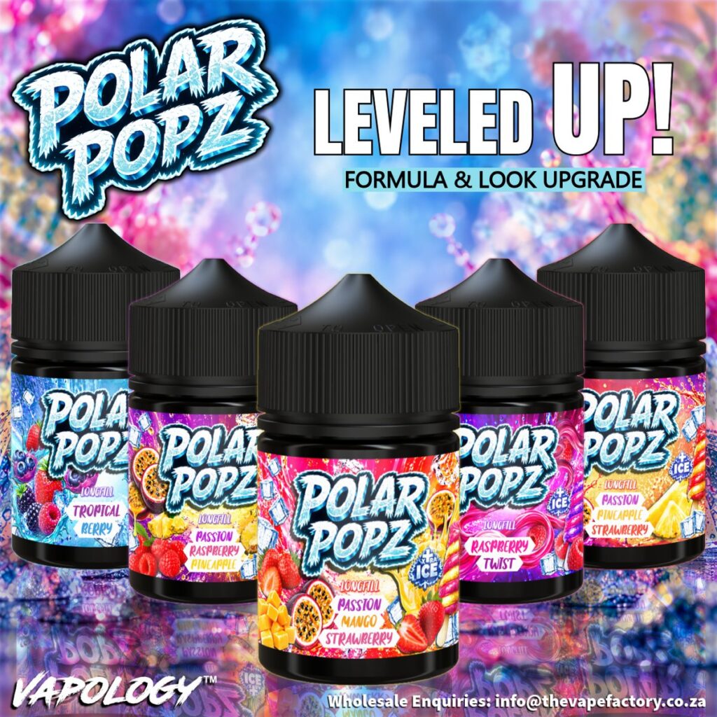 Polar Popz 60ml longfill range, leveled up new improved formula banner, by Vapology